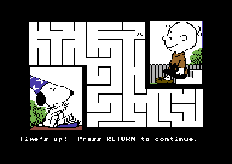 Peanuts Maze Marathon Commodore 64 Screenshot: Oops, I ran out of time!