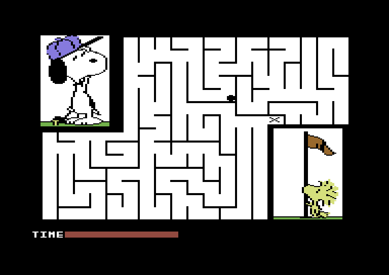Peanuts Maze Marathon Commodore 64 Screenshot: The red bar at the bottom indicates how much time I have left...