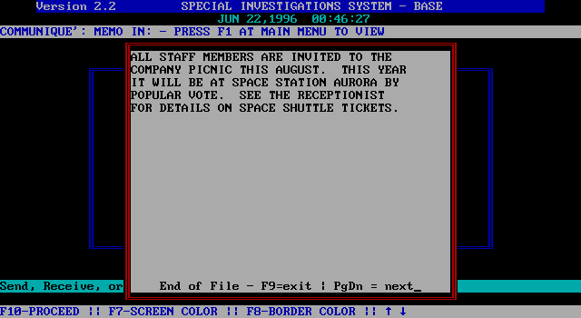 President is Missing, The IBM PC/Compatibles Screenshot: I probably won't have time for the company picnic!