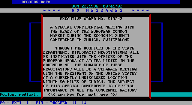 President is Missing, The IBM PC/Compatibles Screenshot: Reading an executive order.