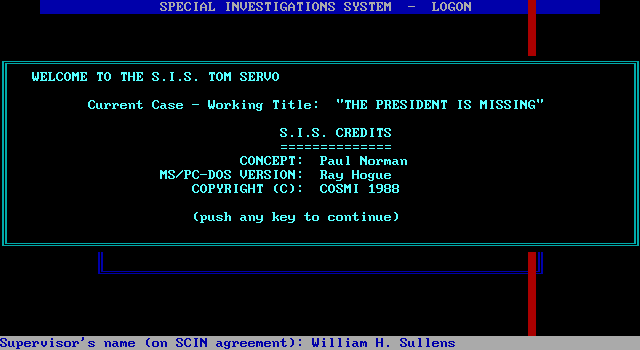 President is Missing, The IBM PC/Compatibles Screenshot: Title screen.
