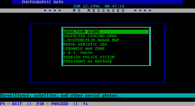 President is Missing, The IBM PC/Compatibles Screenshot: A list of photographs I can look at.