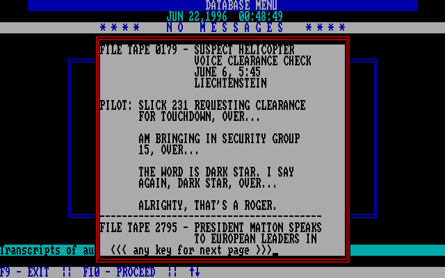 President is Missing, The IBM PC/Compatibles Screenshot: Transcript from a suspect helicopter recording...