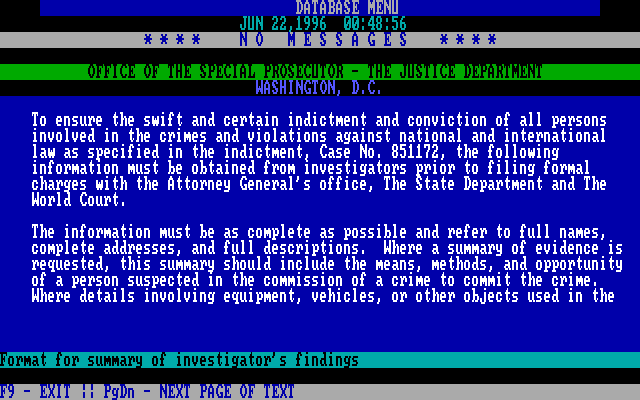 President is Missing, The IBM PC/Compatibles Screenshot: An official notice...