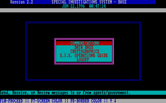 President is Missing, The IBM PC/Compatibles Screenshot: Main game menu.