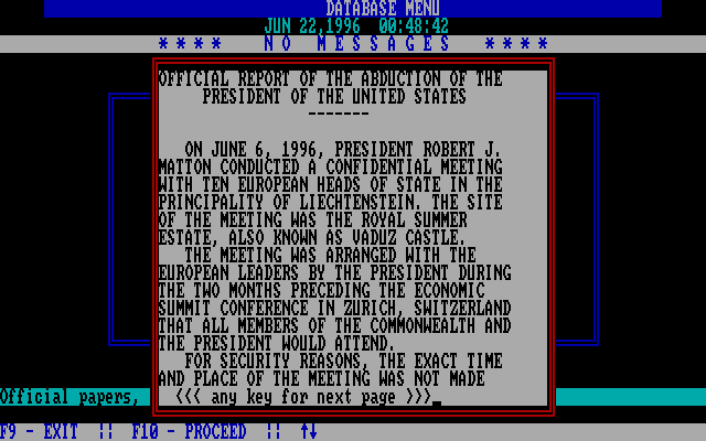 President is Missing, The IBM PC/Compatibles Screenshot: Here's an official report...