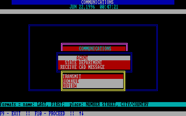 President is Missing, The IBM PC/Compatibles Screenshot: Communications menu.