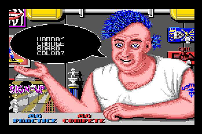 Skate or Die Apple IIgs Screenshot: Welcome to the skate shop.