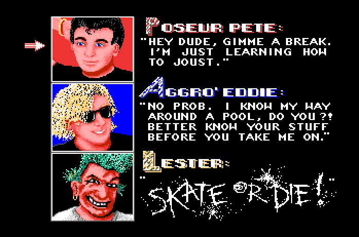 Skate or Die Apple IIgs Screenshot: Choose who you want to be.