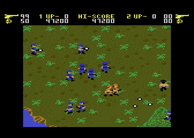 Ikari Warriors Atari 7800 Screenshot: Whoah, lots of enemies in this scene!