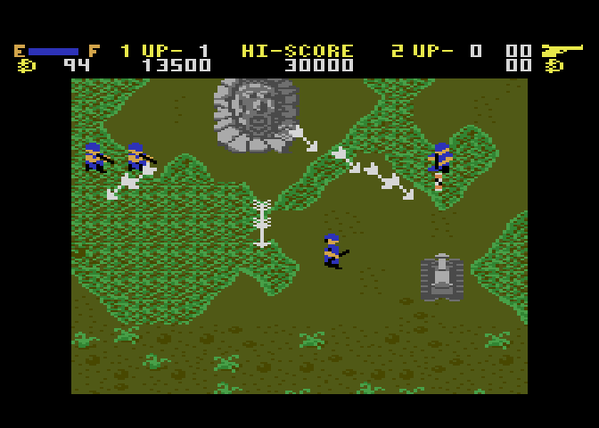 Ikari Warriors Atari 7800 Screenshot: Still in the tank, dodging enemy fire...