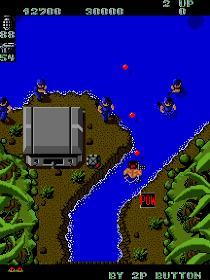 Ikari Warriors Arcade Screenshot: Water battles are tough since your character moves slower!