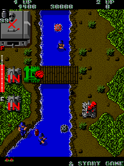 Ikari Warriors Arcade Screenshot: Some tanks are available on the left side of the river...