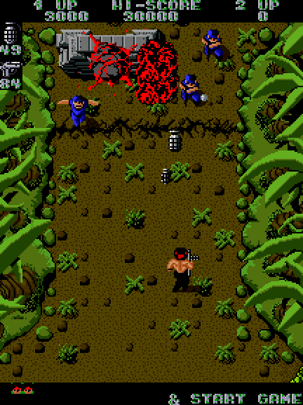 Ikari Warriors Arcade Screenshot: Blowing up targets.