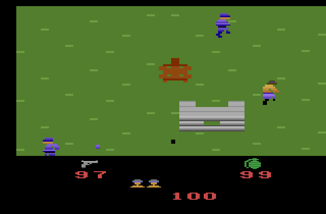Ikari Warriors Atari 2600 Screenshot: There's a tank! Grab it for extra fire power.