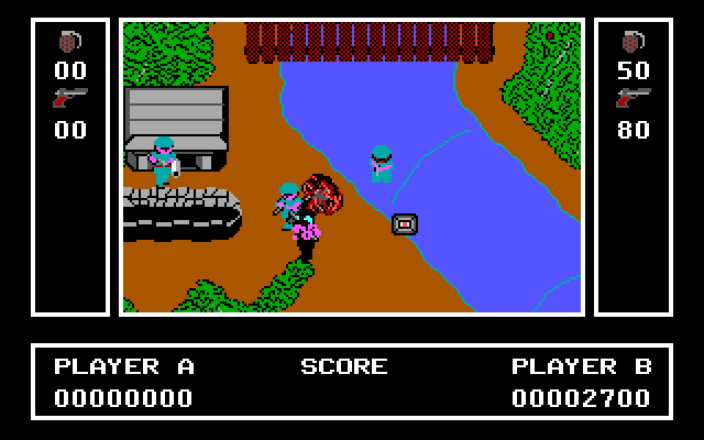 Ikari Warriors IBM PC/Compatibles Screenshot: Crossing the river can be dangerous...