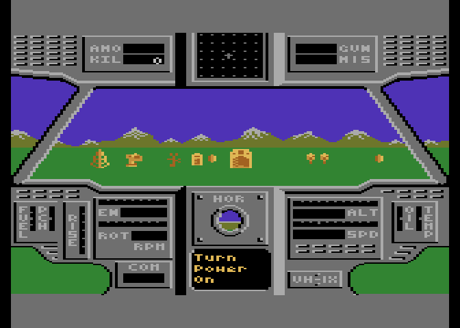 Super Huey UH-IX Atari 7800 Screenshot: The more realistic mode...preparing for takeoff...