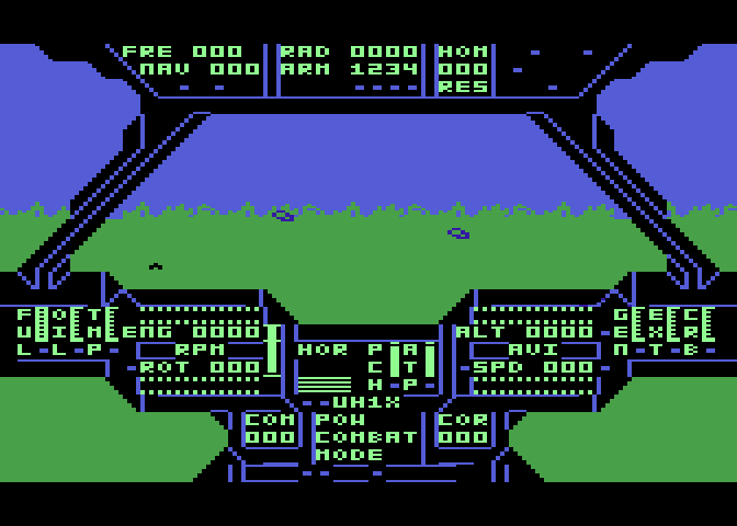 Super Huey UH-IX Atari 8-bit Screenshot: Everything powered up, ready to go!