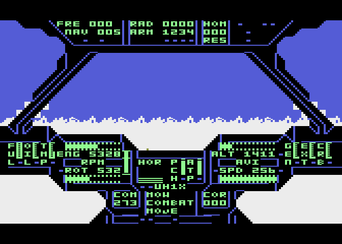Super Huey UH-IX Atari 8-bit Screenshot: There are several types of terrain you'll encounter.