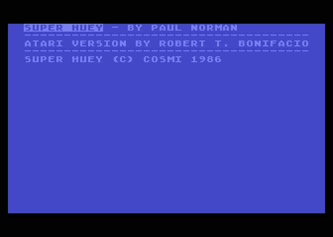 Super Huey UH-IX Atari 8-bit Screenshot: Credits screen.