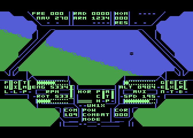Super Huey UH-IX Atari 8-bit Screenshot: Another chopper in the distance...