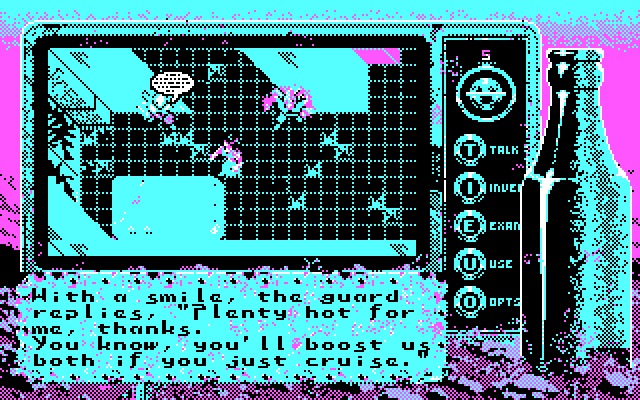 Bad Blood IBM PC/Compatibles Screenshot: Attempting to distract the guards.