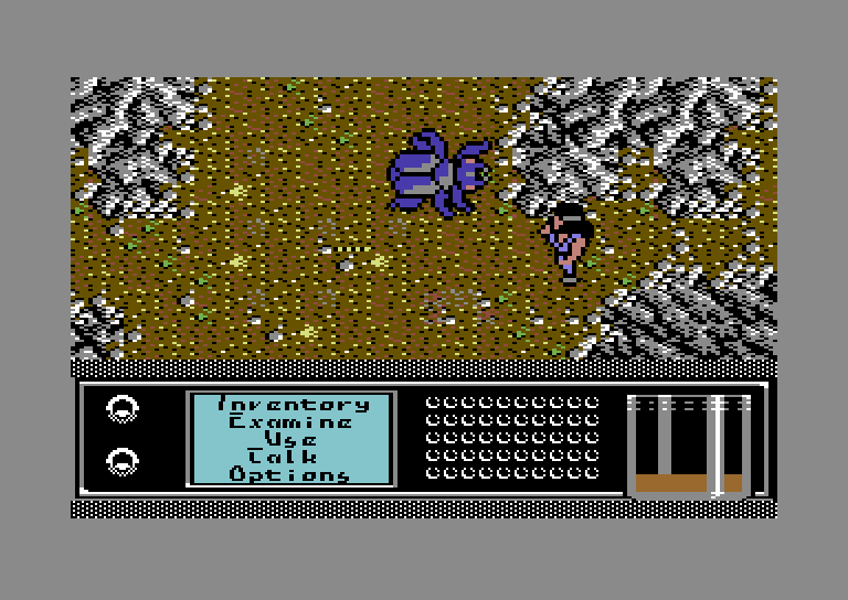 Bad Blood Commodore 64 Screenshot: As day changes to night the perils of exploring change as well.