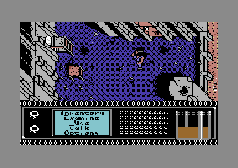 Bad Blood Commodore 64 Screenshot: Searching an abandoned building for...anything useful!