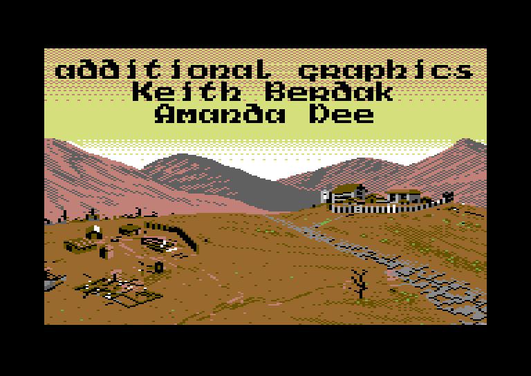 Bad Blood Commodore 64 Screenshot: Credits continued; the farm is rebuilt in the background.