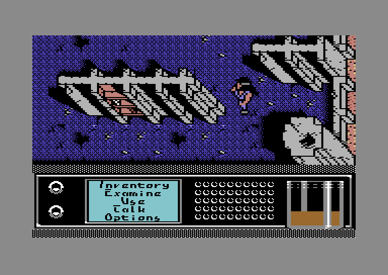 Bad Blood Commodore 64 Screenshot: Searching buildings sometimes leads to useful items, sometimes not...