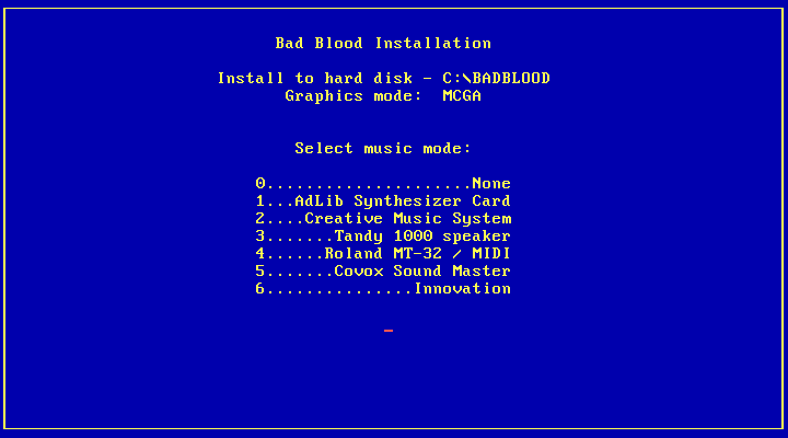 Bad Blood IBM PC/Compatibles Screenshot: Sound hardware options.