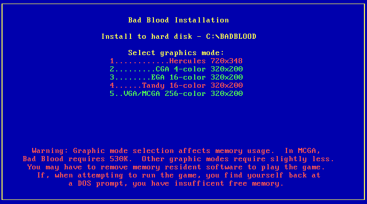 Bad Blood IBM PC/Compatibles Screenshot: Selecting a graphics mode.