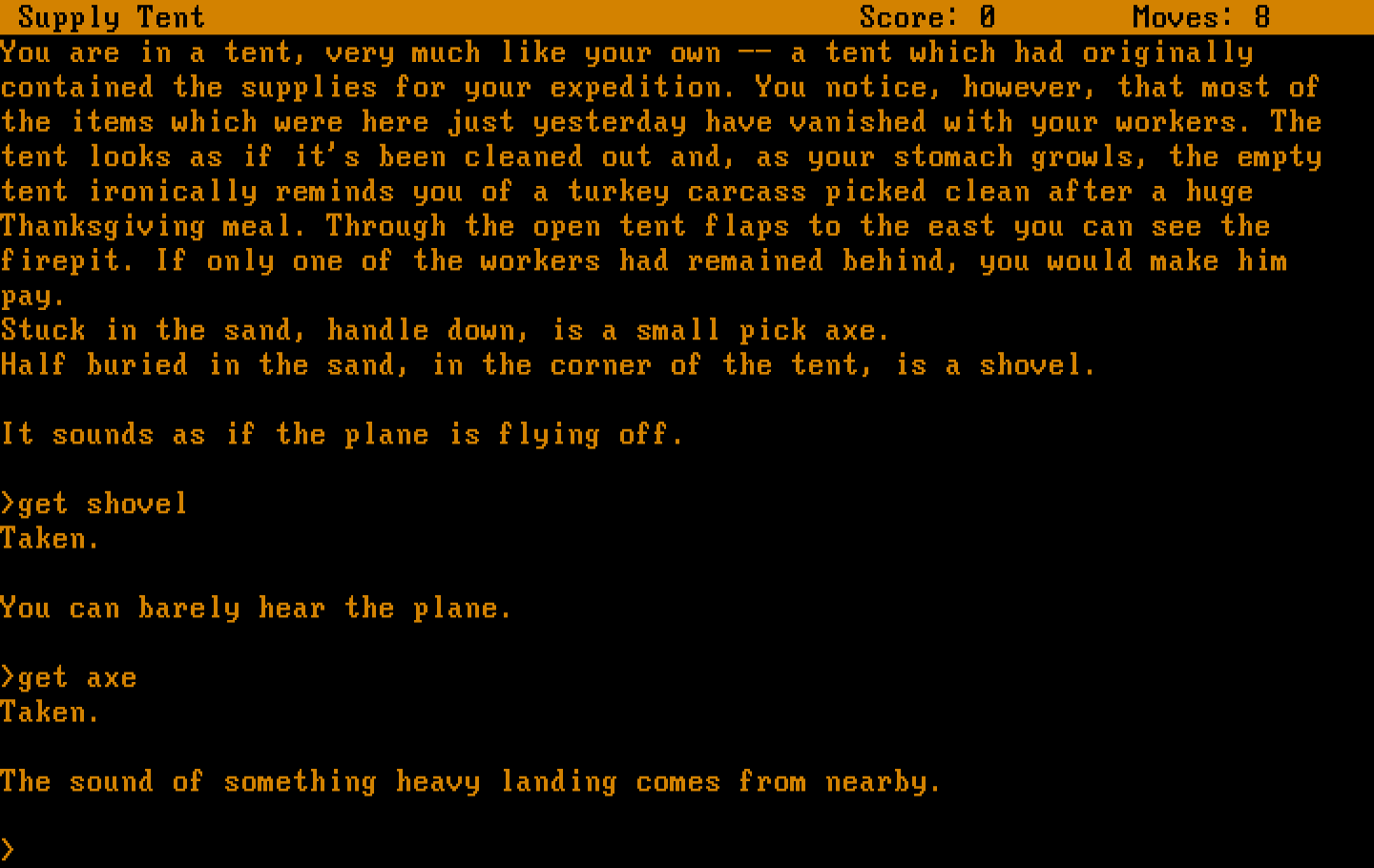 Infidel IBM PC/Compatibles Screenshot: Taking some items from a supply shed.