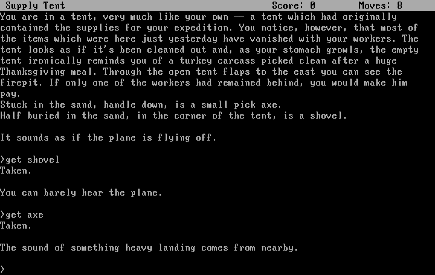 Infidel IBM PC/Compatibles Screenshot: Taking some items from a supply shed.
