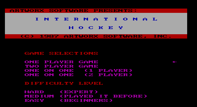 International Hockey IBM PC/Compatibles Screenshot: The main menu.