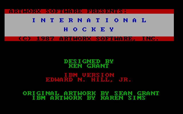 International Hockey IBM PC/Compatibles Screenshot: Title screen and game credits.