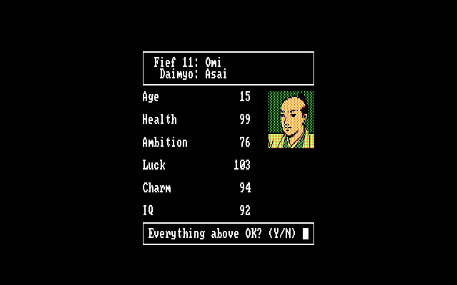 Nobunaga's Ambition IBM PC/Compatibles Screenshot: New character; are these stats ok?
