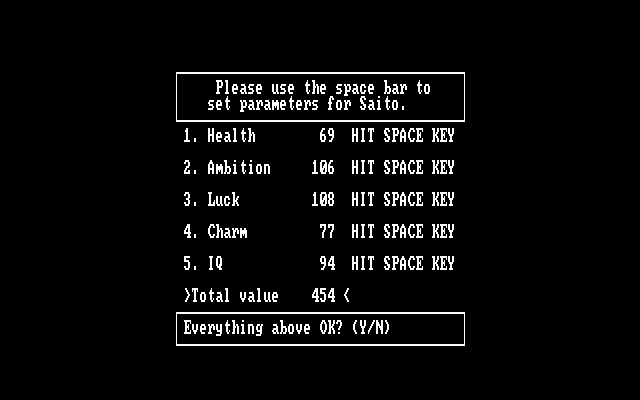 Nobunaga's Ambition IBM PC/Compatibles Screenshot: Setting up character parameters...