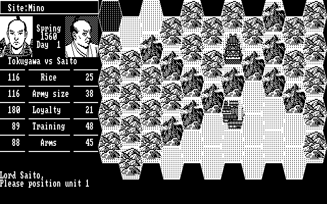 Nobunaga's Ambition IBM PC/Compatibles Screenshot: Battle! Positioning units...