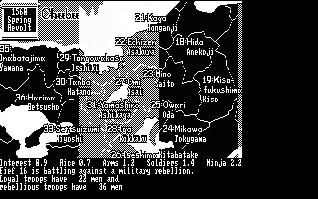Nobunaga's Ambition IBM PC/Compatibles Screenshot: A rebellion is occuring...
