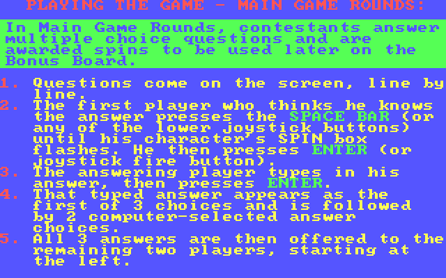 Press Your Luck IBM PC/Compatibles Screenshot: Instructions continued.