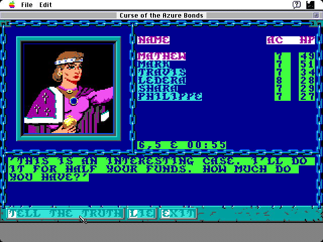Curse of the Azure Bonds Macintosh Screenshot: Should I tell the truth here?