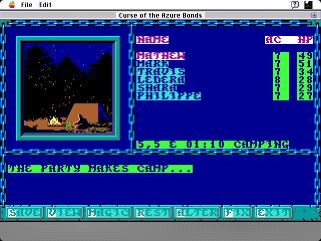 Curse of the Azure Bonds Macintosh Screenshot: You can camp for the night...
