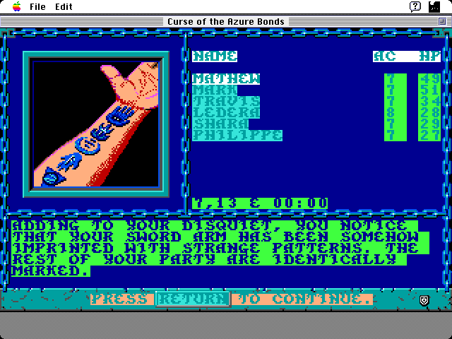 Curse of the Azure Bonds Macintosh Screenshot: Game start.