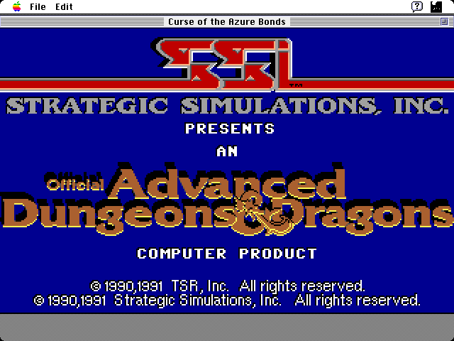 Curse of the Azure Bonds Macintosh Screenshot: SSI and Advanced Dungeons & Dragons logo screen.