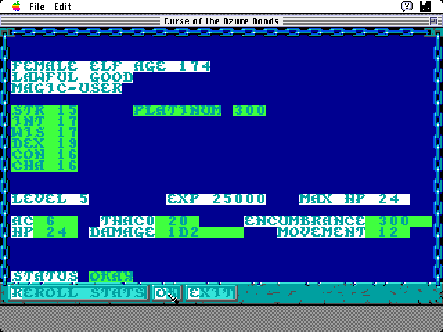 Curse of the Azure Bonds Macintosh Screenshot: Here's the stats for my new character...