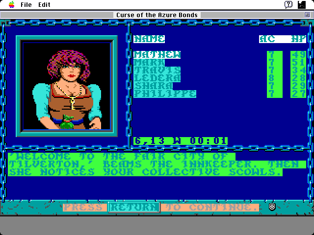 Curse of the Azure Bonds Macintosh Screenshot: Welcome to the inn...