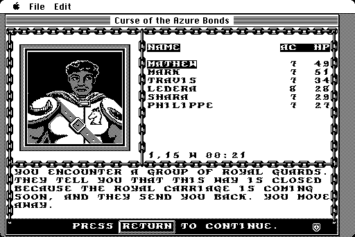 Curse of the Azure Bonds Macintosh Screenshot: An encounter with the royal guards.
