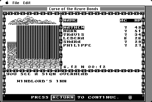 Curse of the Azure Bonds Macintosh Screenshot: Leaving the inn...
