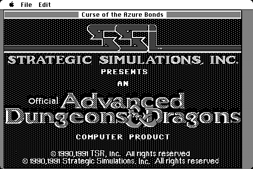 Curse of the Azure Bonds Macintosh Screenshot: SSI and Advanced Dungeons & Dragons logo screen.